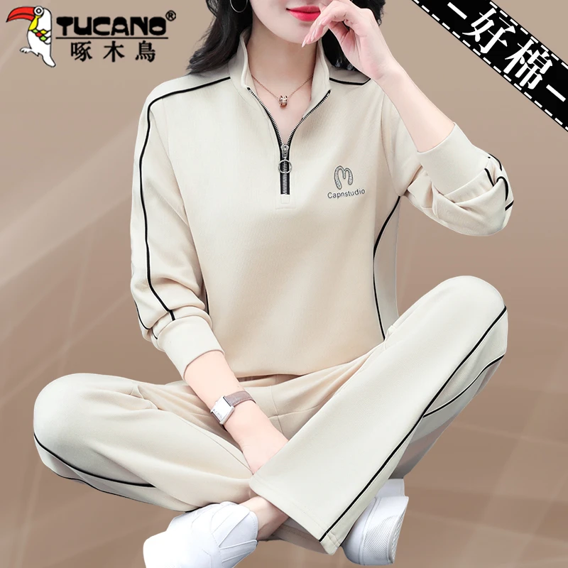 【官方】啄木鸟运动套装女秋款新款中年妈妈立领卫衣名牌女装两件套