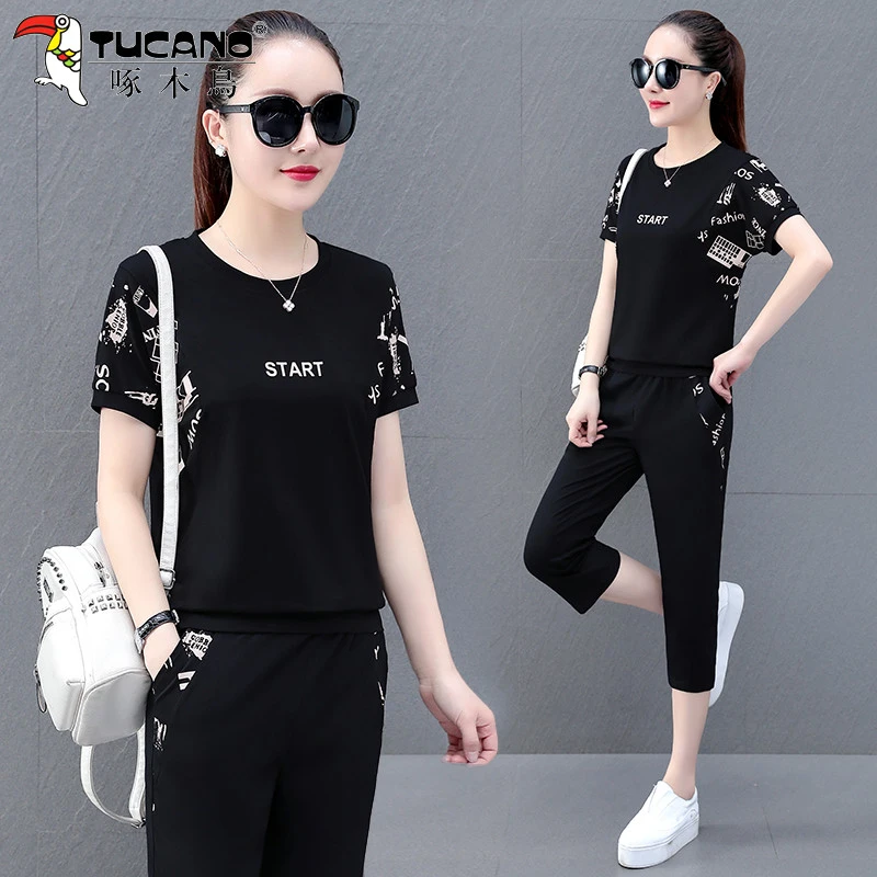 【官方】啄木鸟大码运动装女新款夏季显瘦宽松短袖跑步短袖两件套