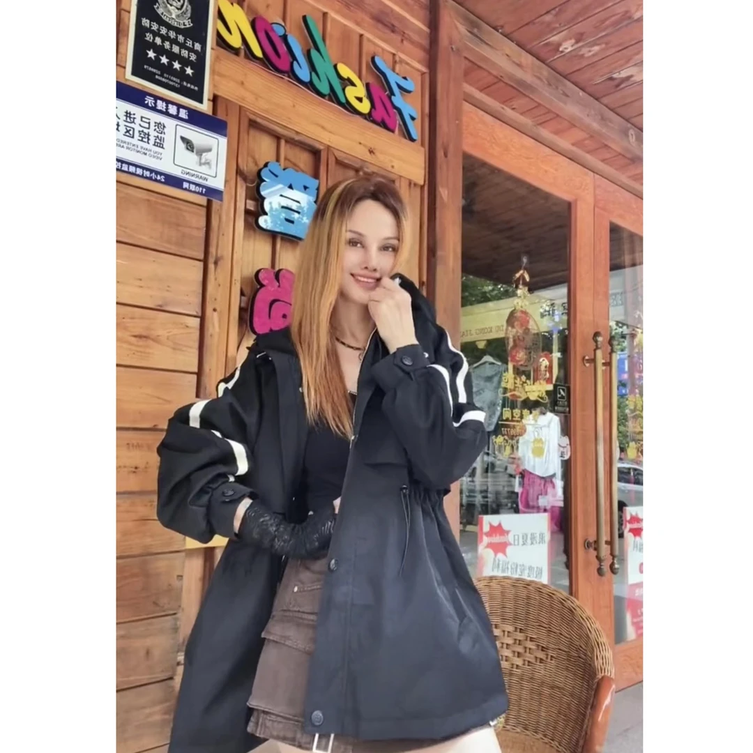 JDKJ时尚穿搭：欧洲站欧货韩版宽松条边抽绳收腰连帽中长风衣