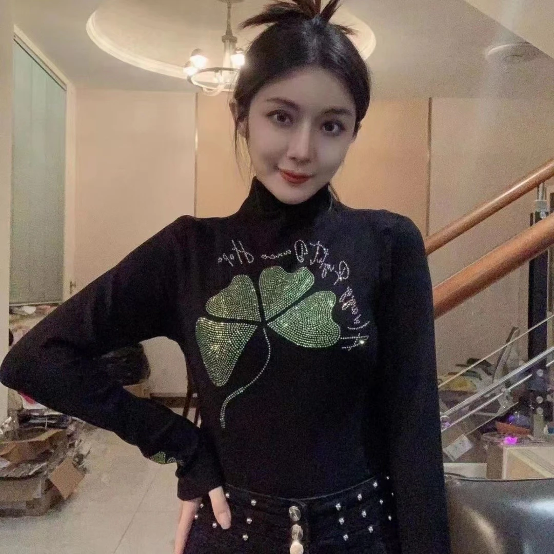 【加厚德绒】A188半高领打底衫女内搭春秋时尚烫钻上衣显瘦T上衣