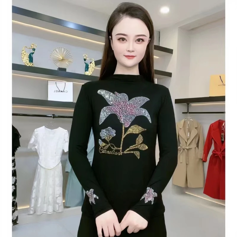 金银百合花A188半高领打底衫女内搭春秋时尚烫钻上衣显瘦T上衣