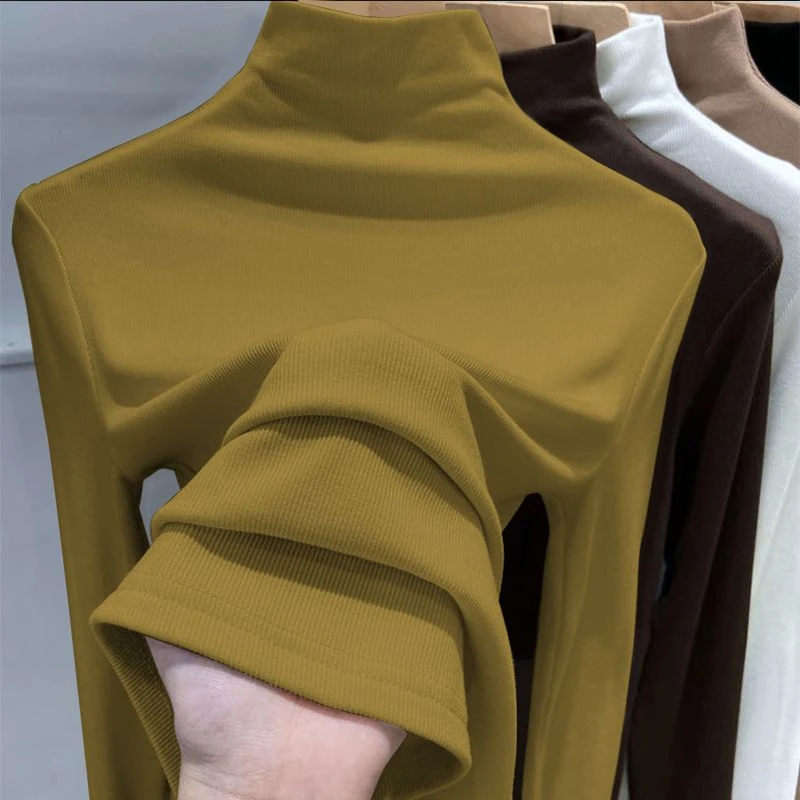 浪莎螺纹半高领打底衫内搭秋冬季修身显瘦长袖T恤女上衣正品