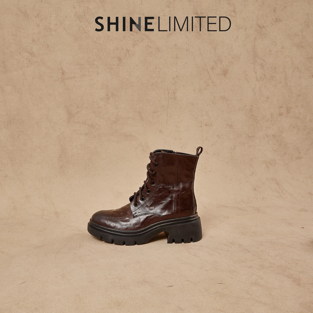 SHINELIMITED2024秋冬季新款英伦风侧拉链粗跟圆头系带马丁女9936