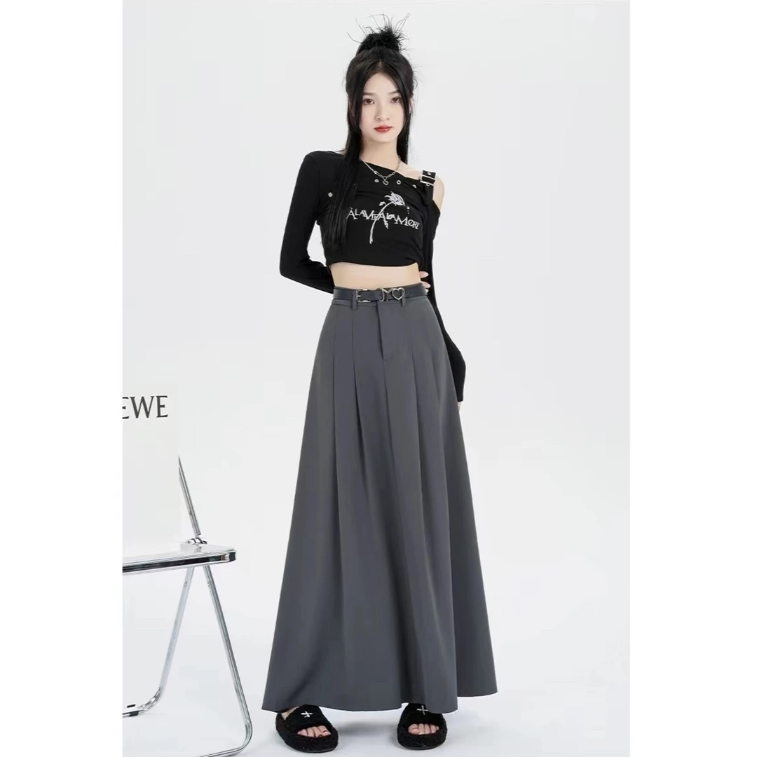 夙凤依新款秋西装百褶裙女半身裙韩版高腰复古气质百搭休闲中长裙