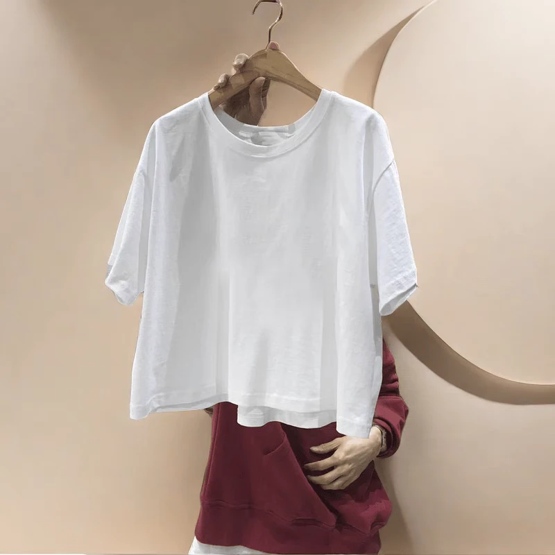 夙凤依2024新款时尚t恤纯棉夏季简约宽松纯色圆领蝙蝠袖百搭白t