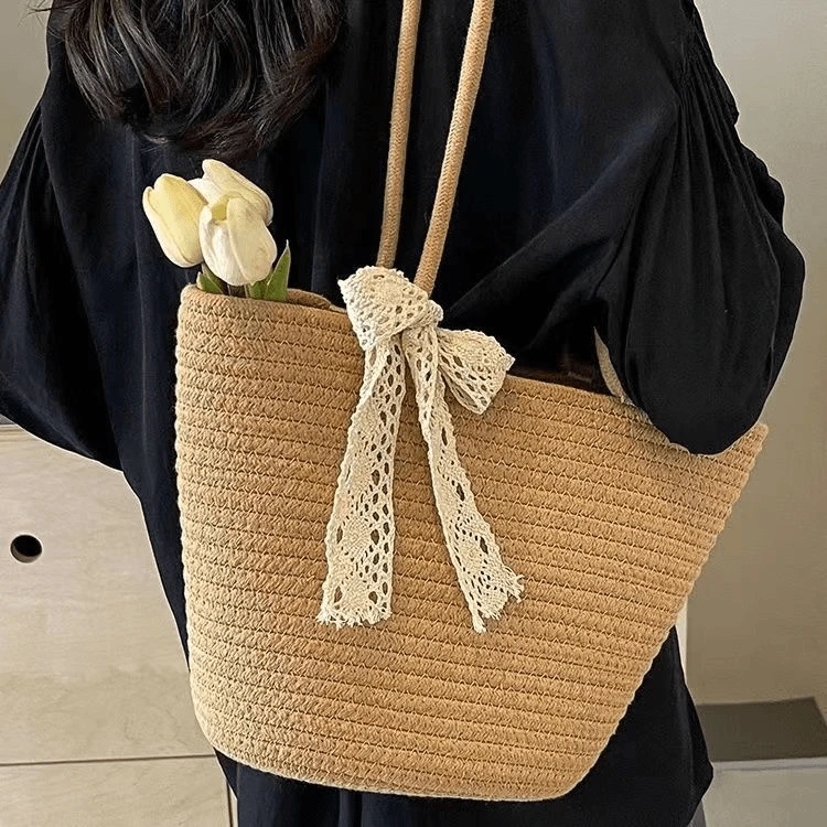 【送丝巾】手提沙滩包女包夏季新款ins百搭单肩托特包海边编织包