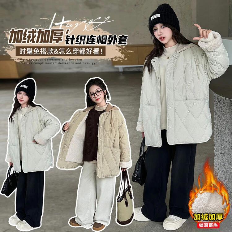 女童棉衣初冬装洋气2024新款韩版时尚加绒加厚连帽绗线外套女大童