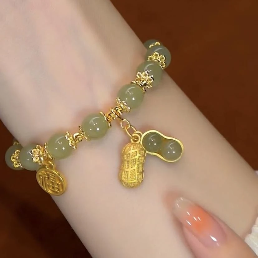 铜合金手链 好事花生手链绿色女款串珠手串新款小众时尚饰中国风