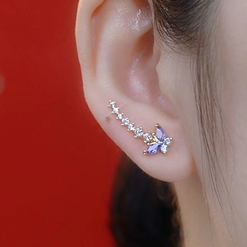 铜合金合成锆石耳饰 紫色蝴蝶耳钉耳环2025年新款精致百搭高级感