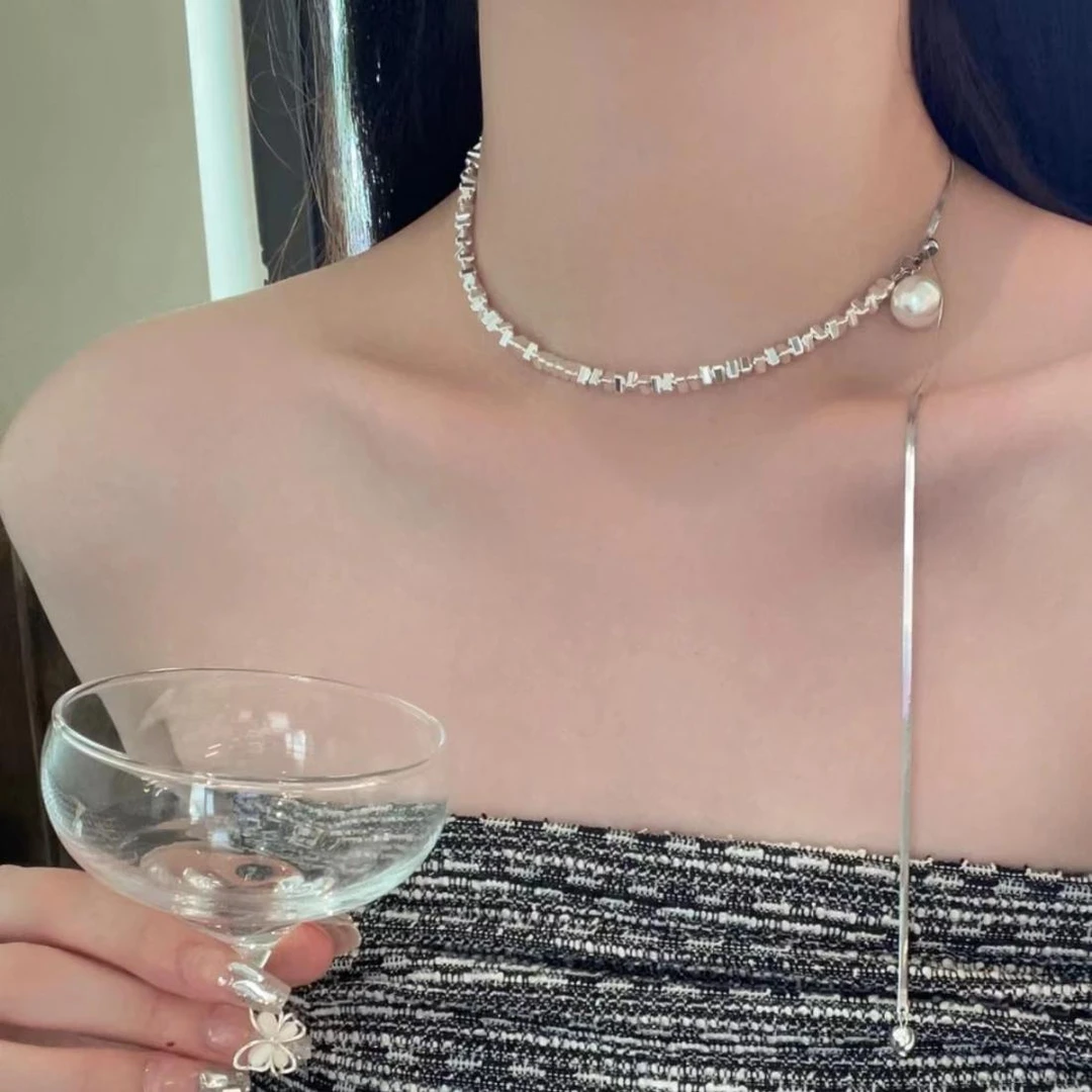 合金项链 碎银抽拉珠珠流苏一款三戴Y形简约轻奢高级气质锁骨链