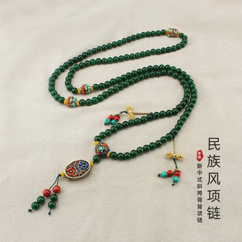 铜合金项链 新中式长款国风斜挎链绿色圆珠背背项链女民族风配饰