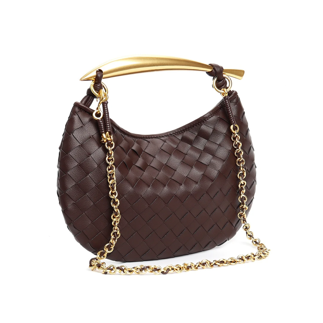 百搭编织包金色链条单肩包时尚沙丁鱼手提包软皮褶皱斜跨包女包包