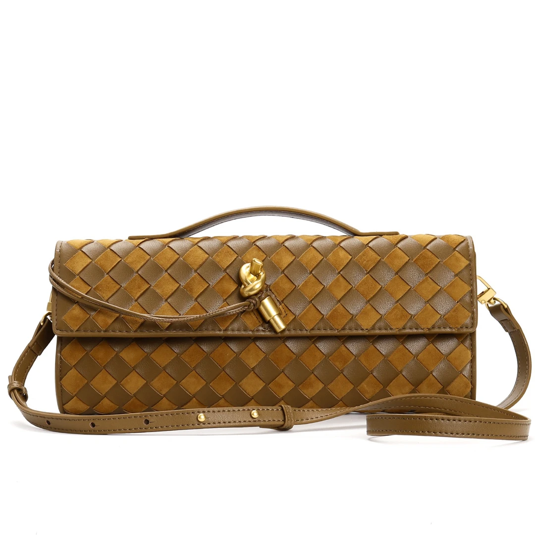 真皮手拿包女士通勤包法棍包轻奢单肩斜挎包编织腋下包新款包包