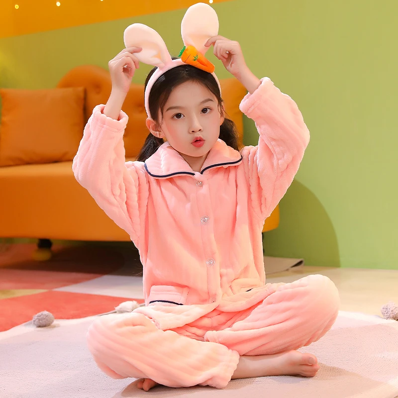 秋冬季女童法兰绒睡衣儿童中大童珊瑚绒小孩家居服女孩秋冬加厚款