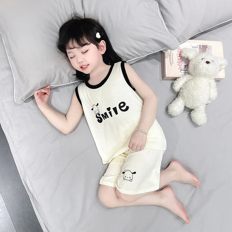 儿童冰丝睡衣夏季薄款女童卡通背心家居服套装女孩宝宝夏天空调服