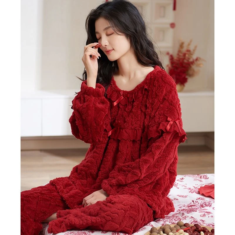红色珊瑚绒睡衣女士冬季加绒加厚冬天保暖法兰绒家居服本命年套装