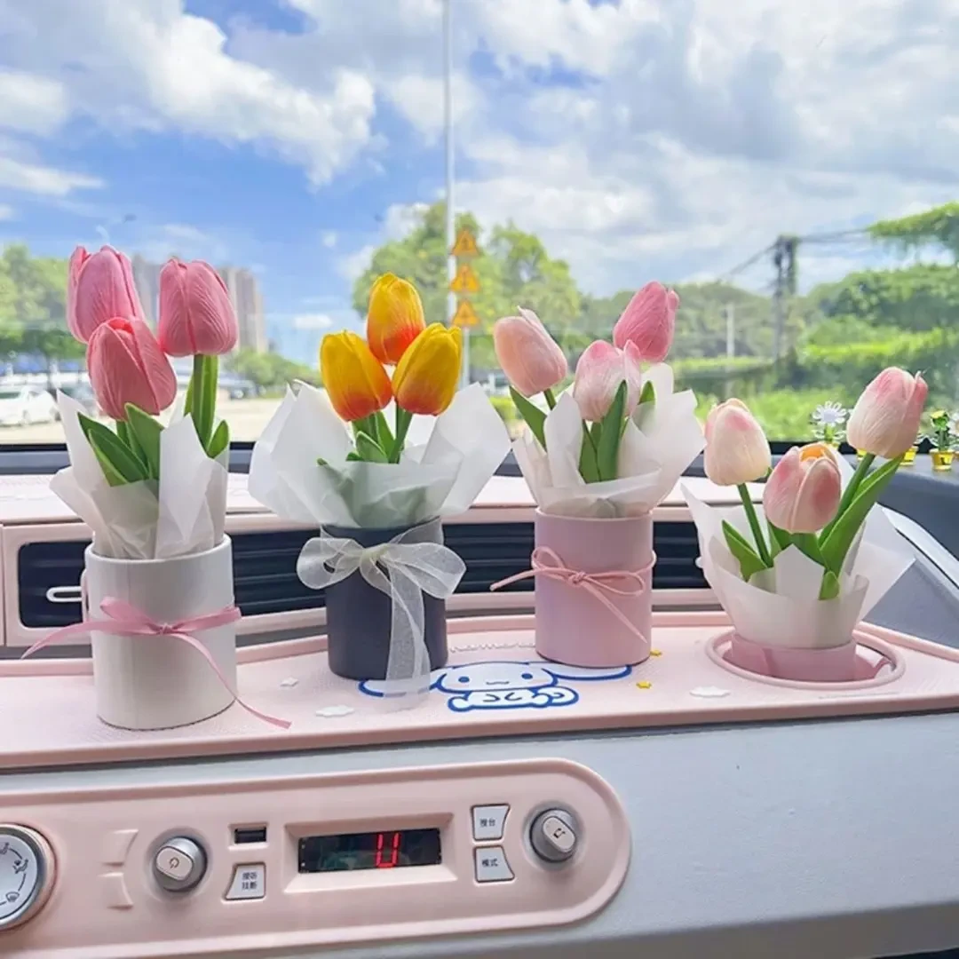 汽车摆件2024新款车载车上中控台摆饰郁金香花束网红车内装饰用品