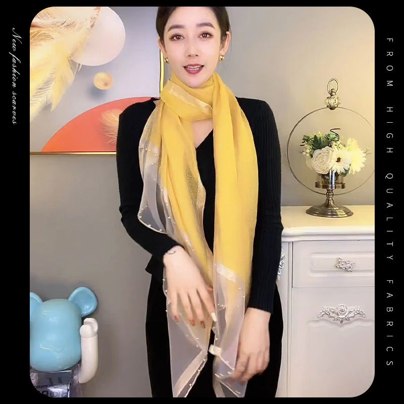 围巾2025新款钉珠金边桑蚕丝秋冬保暖洋气披肩女真丝丝巾手工时尚
