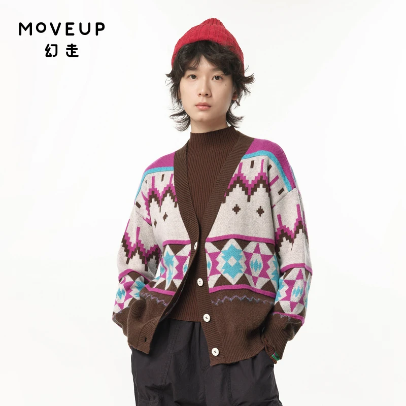 MOVEUP幻走2024秋季新款.FUN 费尔岛提花V领开衫毛衣女324331718