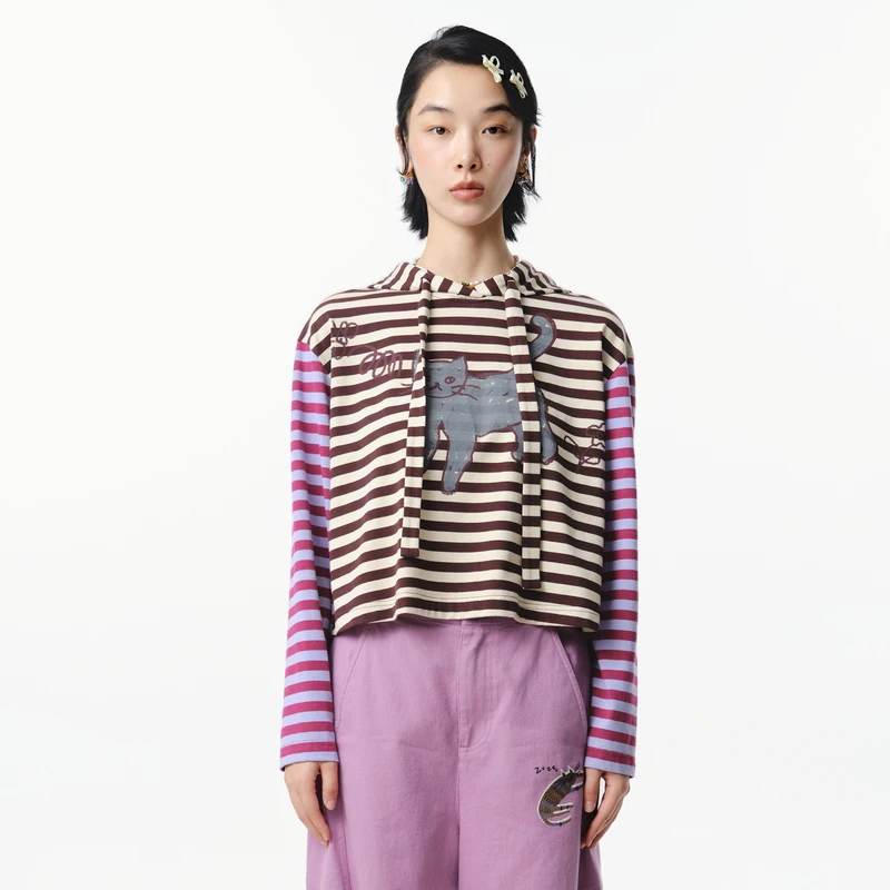 MOVEUP幻走2025春季新款.FUN 抽绳印花条纹短款套头衫女325110538
