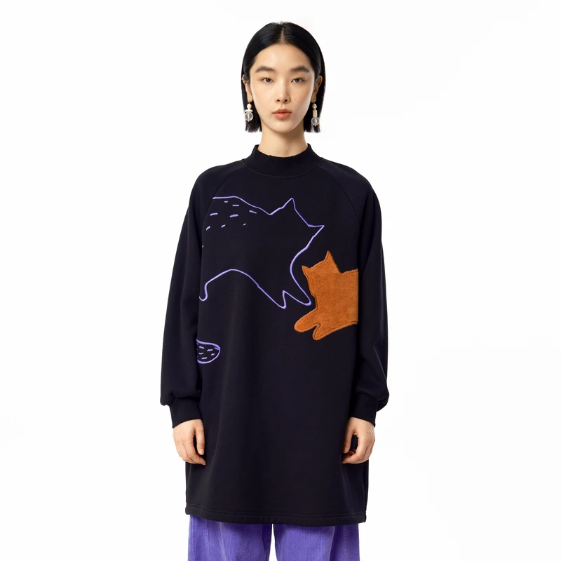 MOVEUP幻走2024冬季新款.FUN 加绒猫咪高领中长款卫衣女324410535