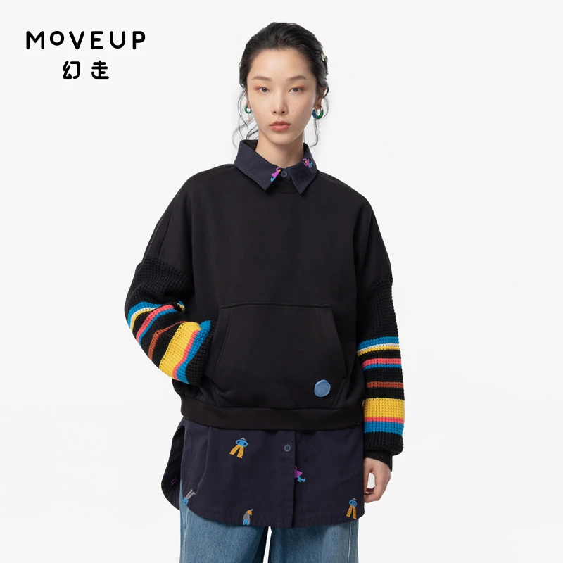 【新】MOVEUP幻走冬季.FUN拼接撞布口袋加厚短款卫衣女324310541