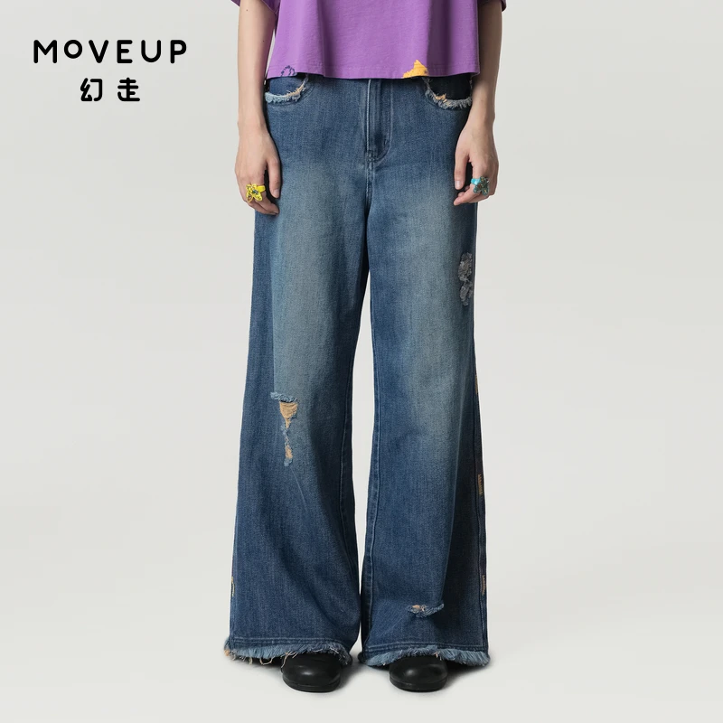 MOVEUP幻走2024春季新款.FUN 条纹绣花洗水牛仔直筒裤女324140315