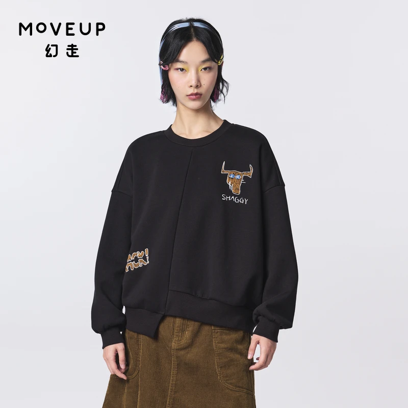 MOVEUP幻走2023冬季新款.FUN系列 不对称绣花短款卫衣女323410521