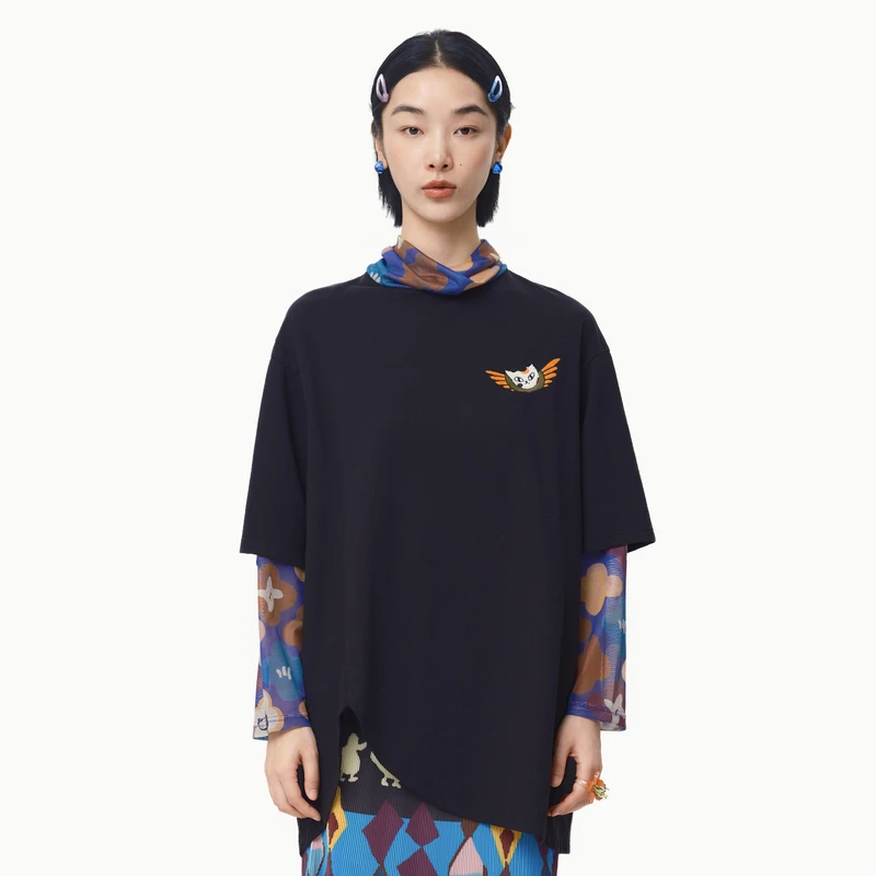 MOVEUP幻走2025春季新款.FUN假两件绣花设计中长款T恤女325110519