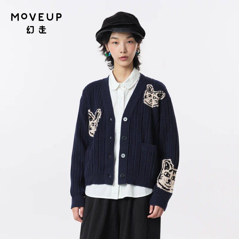 MOVEUP幻走2023秋季新款.FUN系列V领提花口袋开衫毛衣女323331712