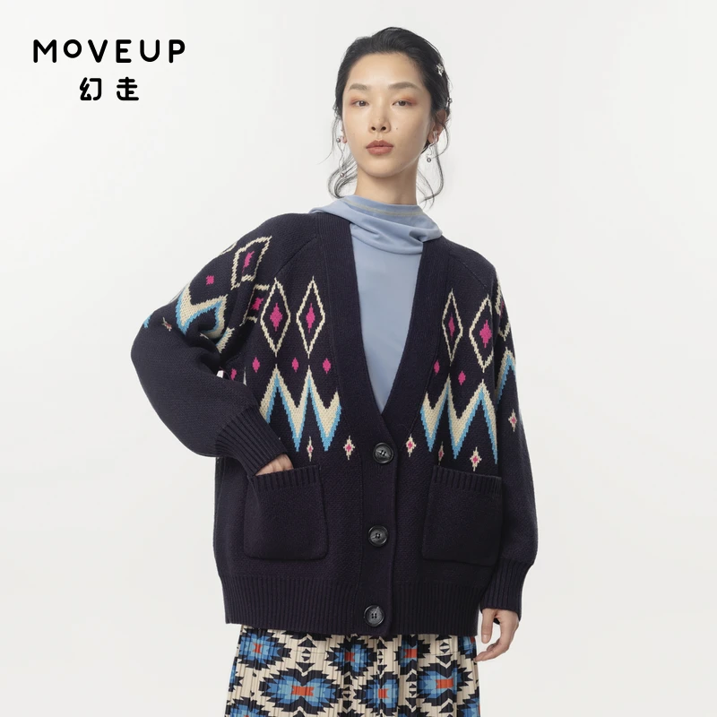 MOVEUP幻走2024秋季新款.FUN 大V领提花中长款外套女324330703