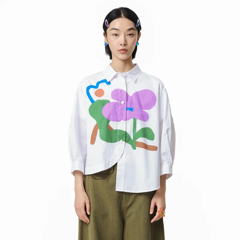 MOVEUP幻走2025春季新款.FUN 不对称收褶设计短款衬衫女325120408