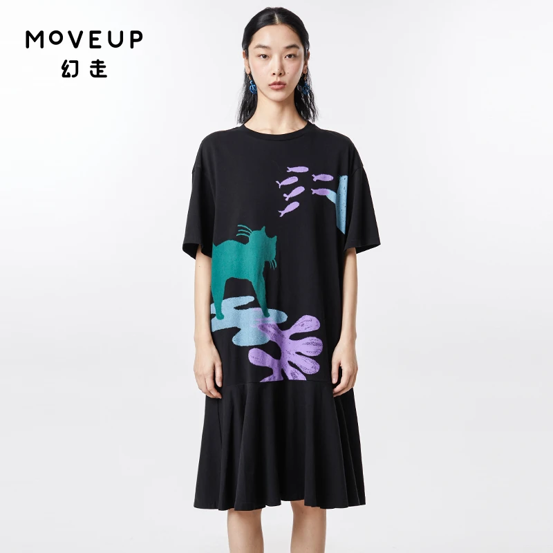 MOVEUP幻走夏季新款.FUN系列 印花拼接荷叶边连衣裙323211326