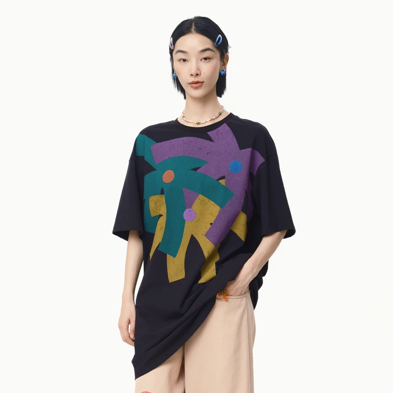 MOVEUP幻走2025春季新款.FUN 圆领趣味印花中长款T恤女325110501