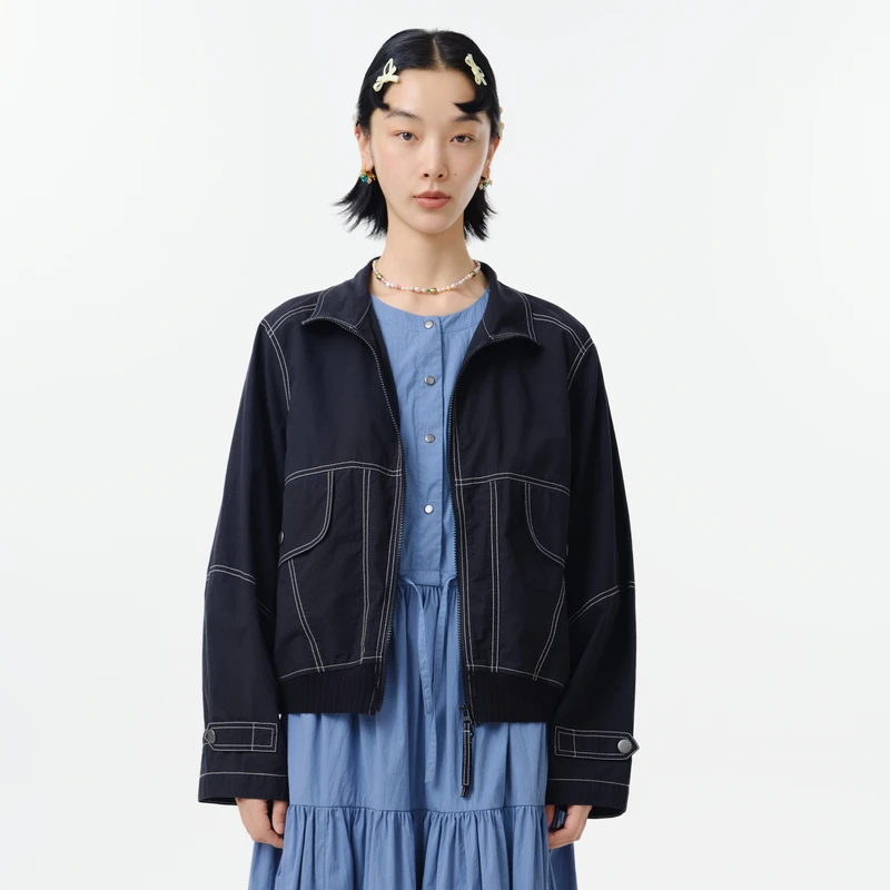 MOVEUP幻走2025春季新款.FUN 罗纹撞色线设计短款外套女325120704