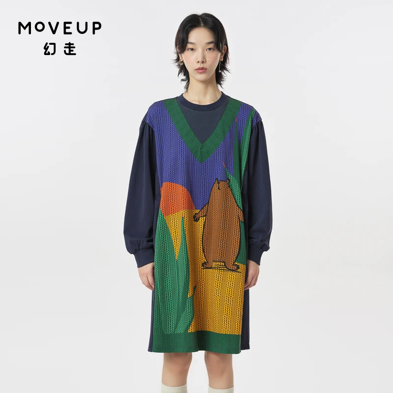MOVEUP幻走2023秋季新款.FUN系列 假两件印花针织连衣裙323311321