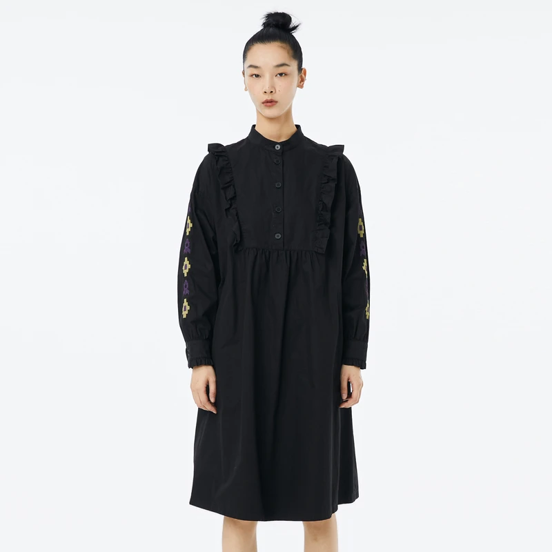 MOVEUP幻走2023秋新款.FUN系列 纯棉花边碎褶绣花连衣裙322321306