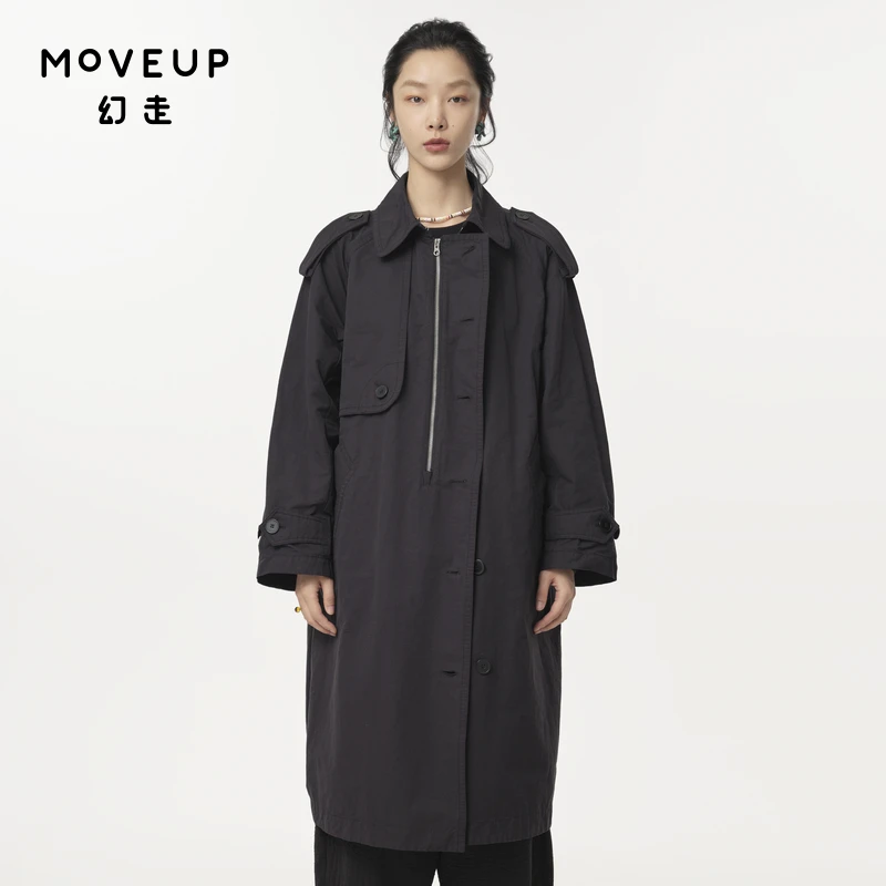 MOVEUP幻走春秋季新款.FUN 大翻领单排扣长款风衣外套女324320701