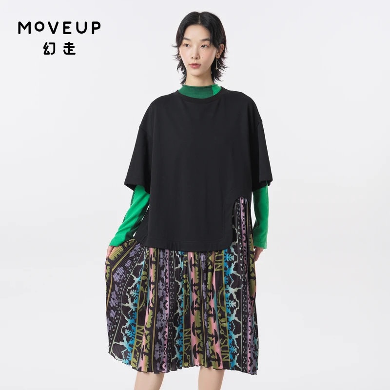MOVEUP幻走.FUN系列 圆领印花下摆拼接针织连衣裙女323311319