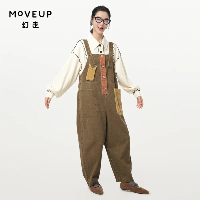 MOVEUP幻走2024秋季新款.FUN 撞色猫咪绣花章仔背带裤女324320801