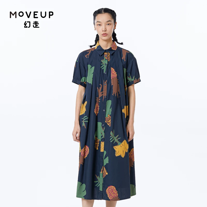 MOVEUP幻走2023夏季新款.FUN系列 翻领印花纯棉连衣裙女323221326