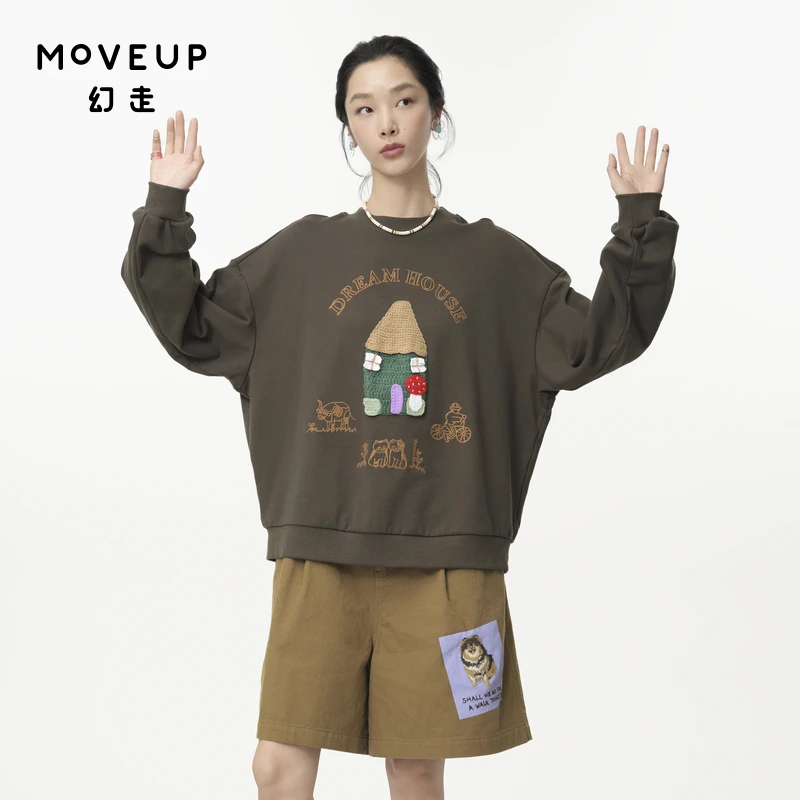 MOVEUP幻走2024秋季新款.FUN 罗纹圆领趣味绣花短款卫衣324310525