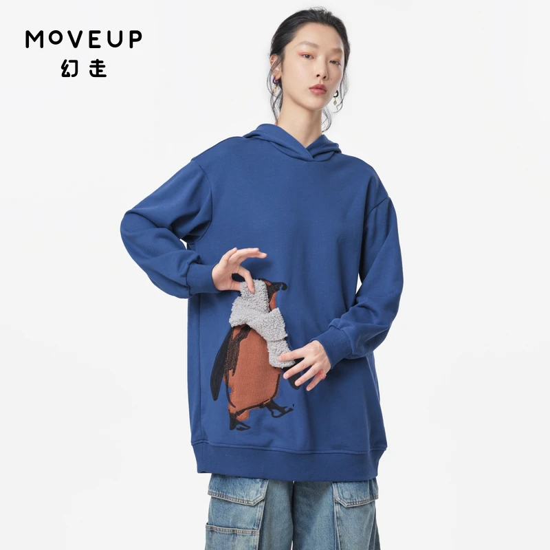 MOVEUP幻走2024秋季新款.FUN贴布绣花企鹅中长款卫衣女324310520