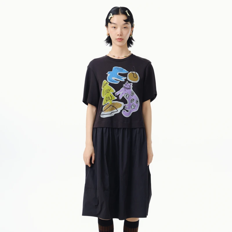 MOVEUP幻走2025春季新款.FUN 圆领印花缩褶针织连衣裙325111321