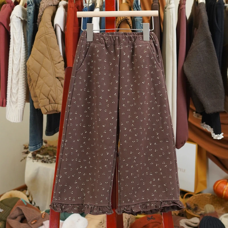 【清仓】韩系复古秋冬女童小花边加绒碎花直筒裤长裤-LD068