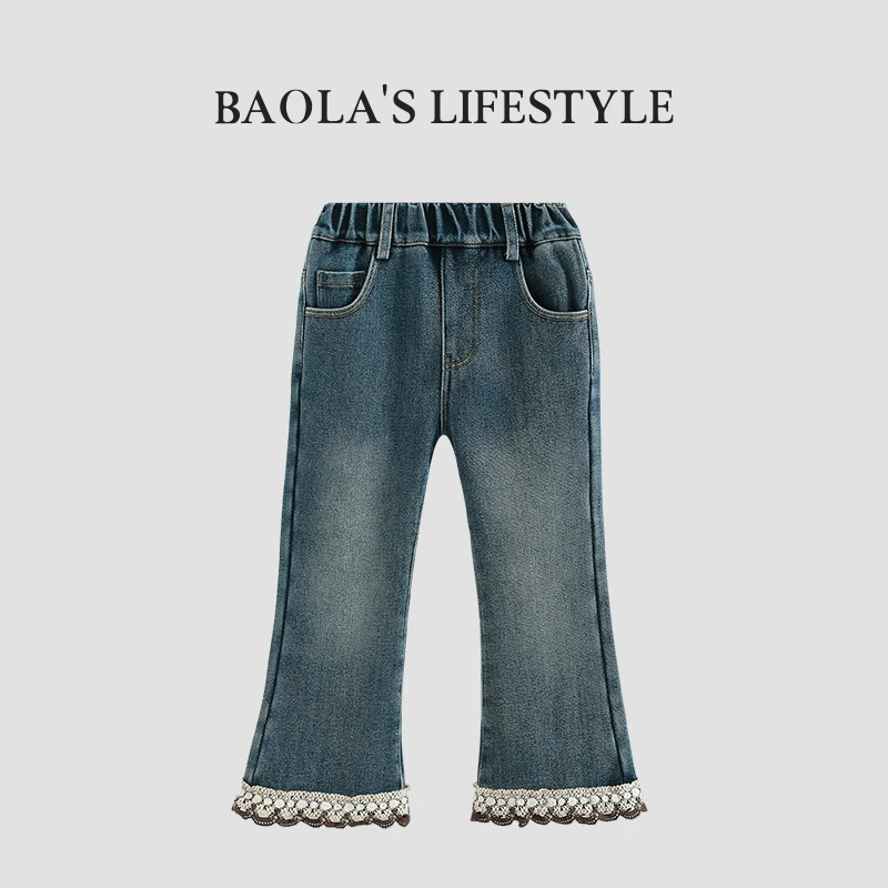 银河少女【高定】韩系复古秋冬女童微喇加绒花边百搭牛仔裤现-HQ656