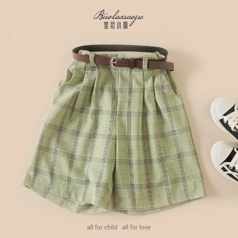 绿罗缨【高定】韩系清新简约夏季女童休闲格子五分裤-HX512