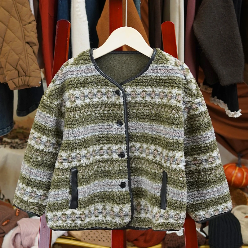 【松塔夹心】韩系复古秋冬女童设计感羊羔毛感开衫外套-LD040