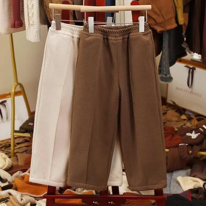【英式画报】韩系复古秋冬女童纯色宽松呢感加绒休闲裤长裤-LD074