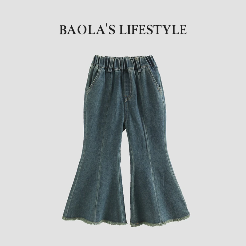 断码清仓【高定】韩系复古秋季女童微喇磨破百搭牛仔裤-HQ365